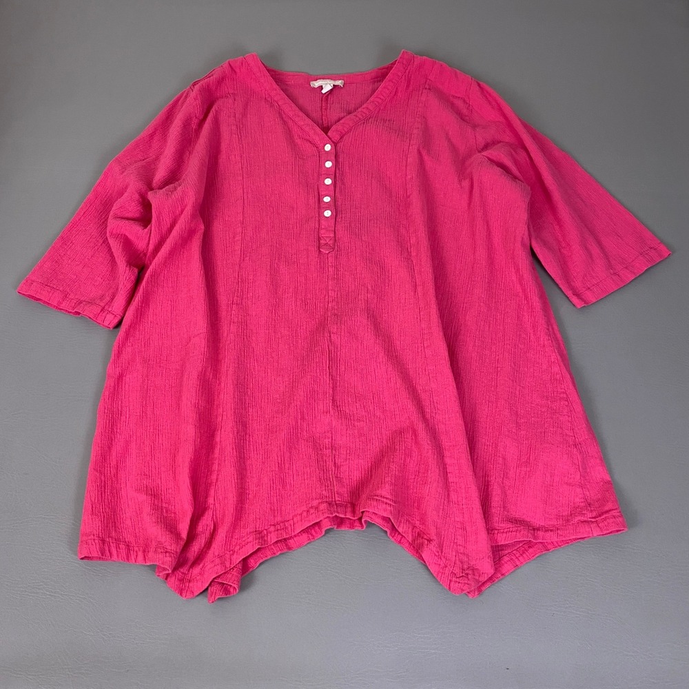 Woman Within Tunic Top 1X 22/24 Sharkbite Henley Pink Cotton Crinkle Gauze